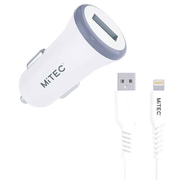 MiTEC MiPOWER 10w In Car Charger with Lightning Cable - White