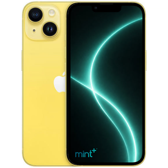 Photo of a yellow iPhone 14 with mint+ wallpaper